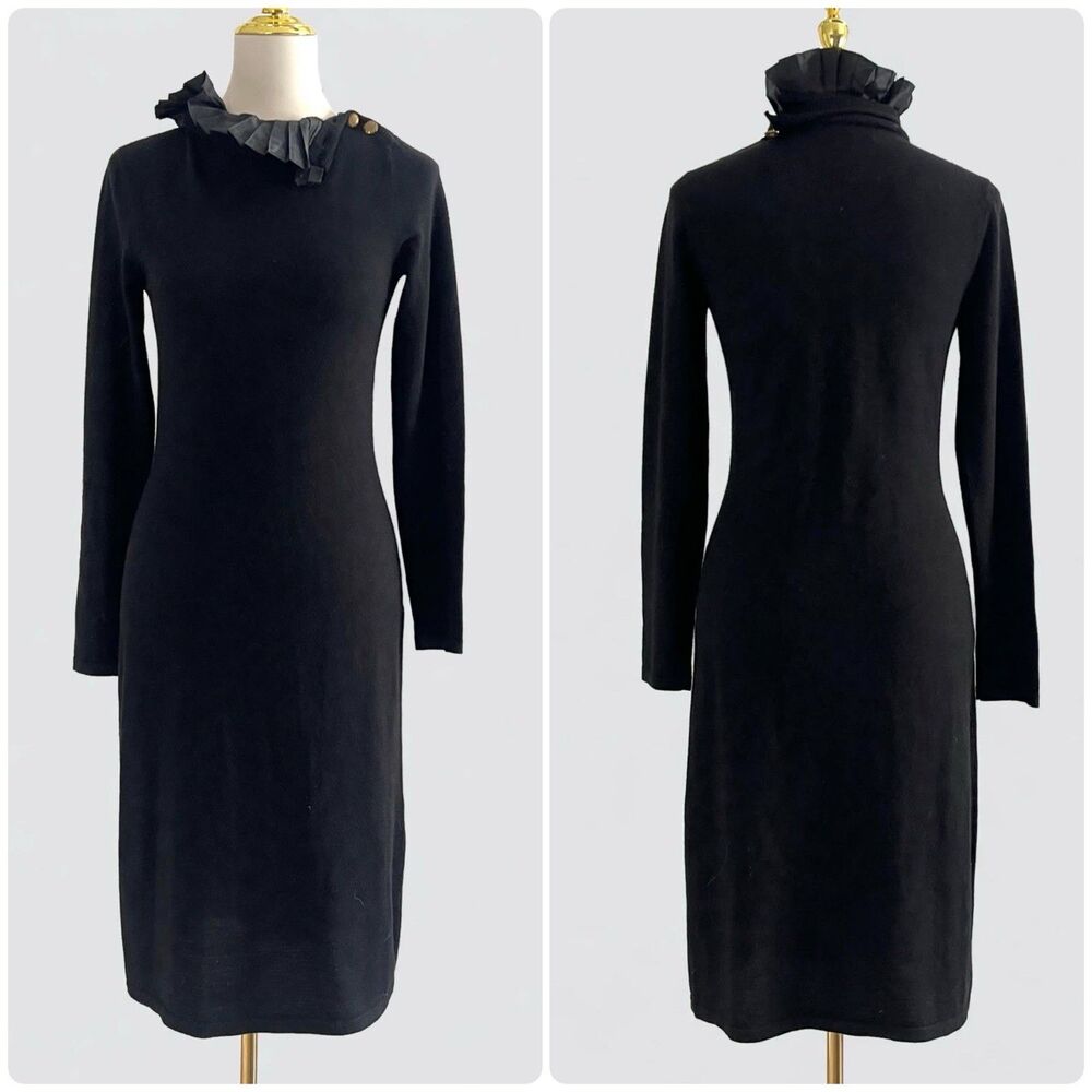 VTG Lauren Ralph Lauren 100% Wool Black Pleated Ruffle Collar Midi Dress sz XS